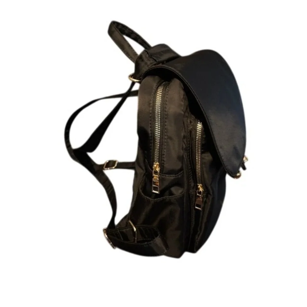 Black Nylon Mini Backpack Gold Hardware‎ Multi Pocket Travel Bag
